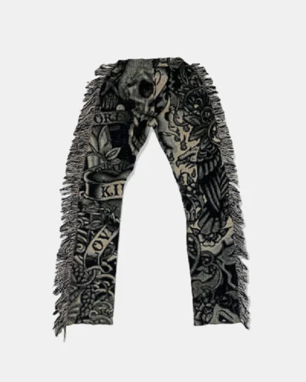 Love Kills Slowly Tapestry Pants," a stylish and edgy pair of pants featuring a tapestry design with the bold statement "Love Kills Slowly" for a trendy and rebellious look.