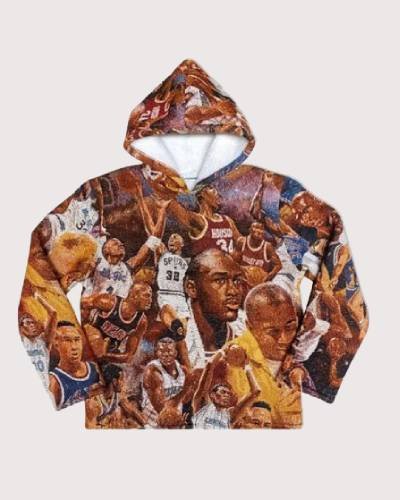 90s LEGENDS tapestry woven hoodie featuring iconic figures and motifs from the era, a nostalgic fashion statement.