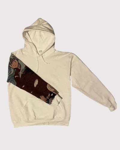 Anime tapestry sleeve hoodie featuring iconic characters and vibrant designs, perfect for anime enthusiasts.