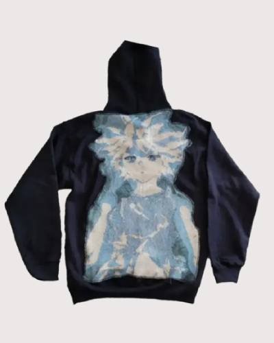 Handmade anime tapestry hoodie showcasing intricate craftsmanship and vibrant anime-inspired designs.