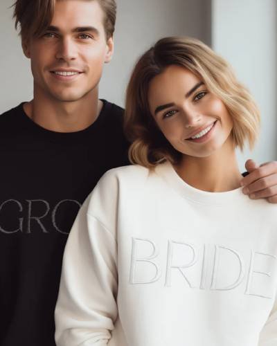 Bundle of bride and groom embroidered sweatshirts. Perfect for couples, weddings, or casual outings together.