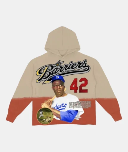 Barriers Jackie Robinson Hooded Sweatshirt in Cream: Honor a legend with this cream-colored hoodie inspired by Jackie Robinson.