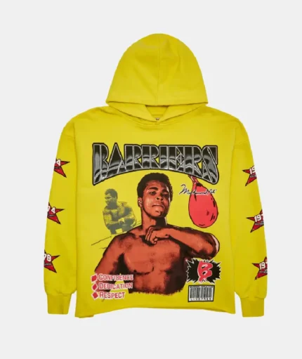 Barriers Worldwide Muhammad Ali Hoodie in Yellow: Show your admiration with this stylish and iconic Muhammad Ali-themed hoodie.
