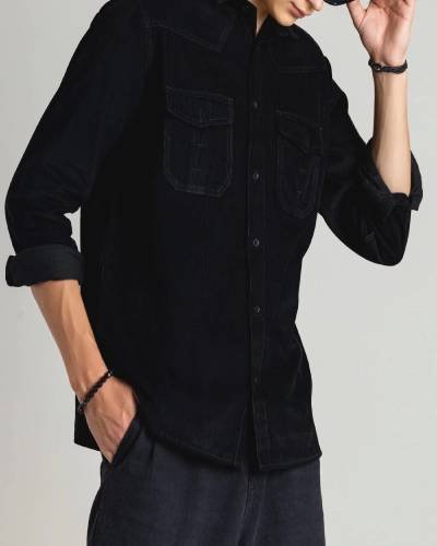 Black Regular Fit Corduroy Men's Shirt: Achieve a sleek and modern look with this black, regular-fit corduroy shirt, perfect for versatile and stylish outfits.