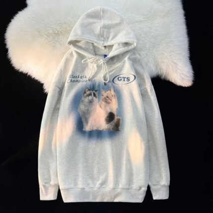 A blue aura couple cats hoodie, featuring charming feline companions, stylish and cosy.