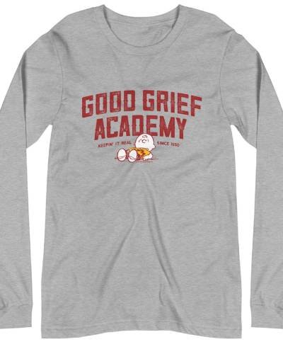 Charlie Brown Good Grief Academy Adult Long Sleeve T-Shirt: Embrace the iconic humor with this long sleeve tee from the Good Grief Academy, featuring Charlie Brown.