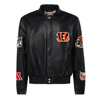 Cincinnati Bengals Leather Jacket in Black - showcase your team pride with this sleek and sporty leather jacket for dedicated fans.