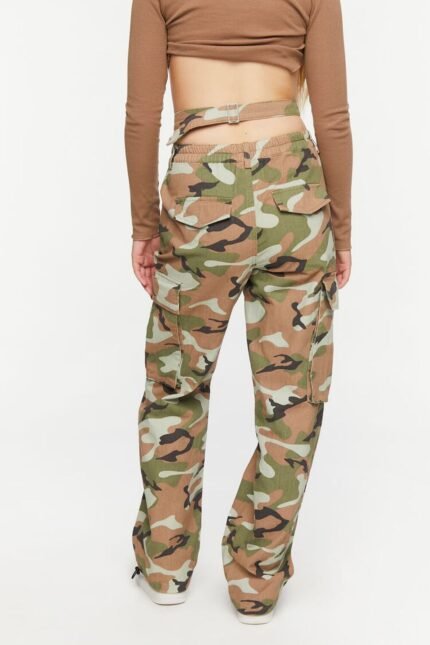 Camo Dual High-Rise Cargo Pants," a stylish pair of cargo pants with a dual high-rise design featuring a trendy camo print for a modern and functional look.