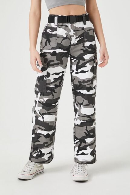 Camo Print Cargo Pants," a stylish and versatile pair of cargo pants featuring a trendy camo print for a fashionable and urban-inspired look.