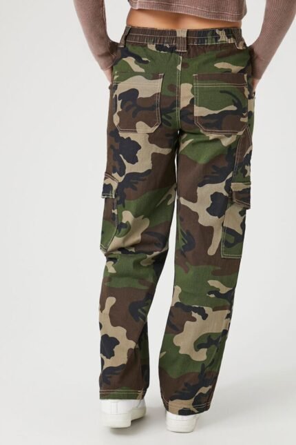 Camo Print Denim Cargo Pants," a stylish and versatile pair of cargo pants featuring a camo print design on denim for a trendy and urban-inspired look.