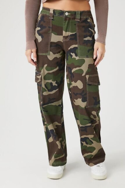 Camo Print Denim Cargo Pants," a stylish and versatile pair of cargo pants featuring a camo print design on denim for a trendy and urban-inspired look.