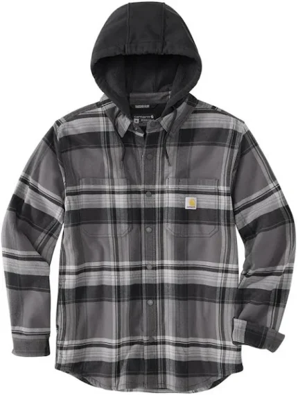 Flannel fleece-lined hooded shirt jac with rugged flex and relaxed fit for comfort and durability.