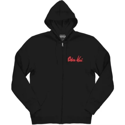 Cobra Kai Logo And Skull Pattern Zip Hoodie, a stylish and edgy tribute to the series.