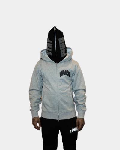 Cool grey blackout double hood zip-up, a sleek and versatile addition to your casual wardrobe.