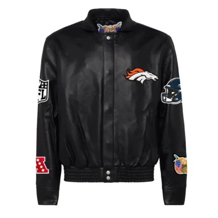 Denver Broncos Leather Jacket in Black - express your team loyalty with this sleek and sporty leather jacket for true fans.