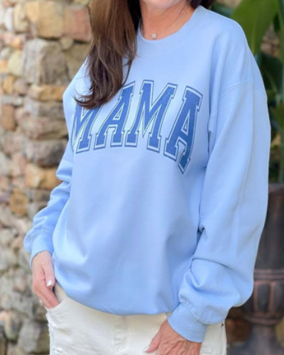 Distressed Navy Mama" Graphic Sweatshirt, a trendy and comfortable navy sweatshirt featuring a distressed design, perfect for chic and stylish moms.