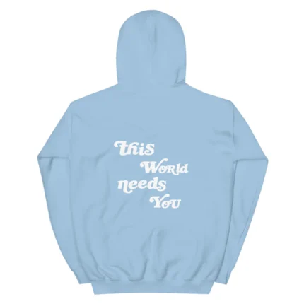 Bold blue hoodie with large white text reads "Dear Person Behind Me," wearer faces away.