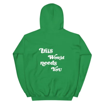 Bold green hoodie with large white text reads "Dear Person Behind Me," wearer faces away.