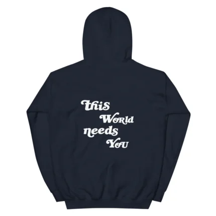 Bold navy hoodie with large white text reads "Dear Person Behind Me," wearer faces away.