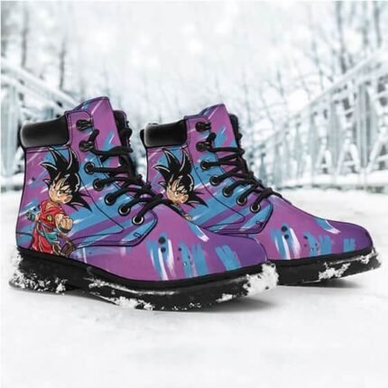 Embark on an odyssey of color and courage with Dragon Ball Kid Goku Purple-Blue Artwork Combat Boots.