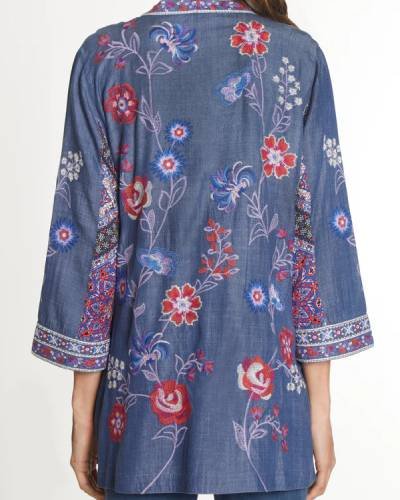 Embroidered Kimono Jacket in Medium Indigo - a stylish and unique jacket featuring intricate embroidery for a trendy look.