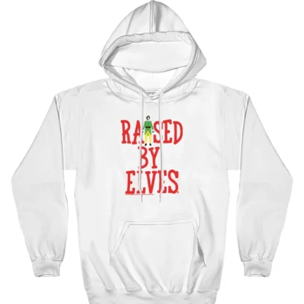 Green hoodie featuring 'Raised By Elves' text inspired by Elf movie, cosy and festive.