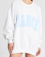 White sweatshirt with baby blue 'Fiance' print, perfect for showcasing love and commitment.