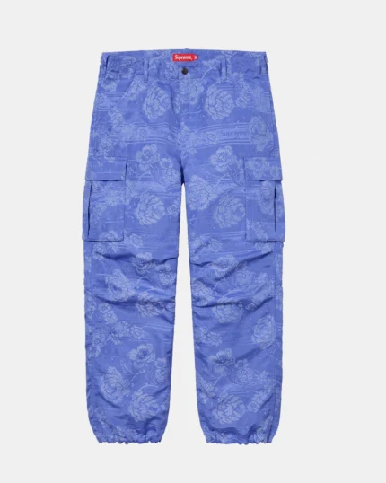 Floral Tapestry Cargo Pant - Blue," a fashionable pair of cargo pants featuring a blue floral tapestry design for a trendy and eye-catching look.