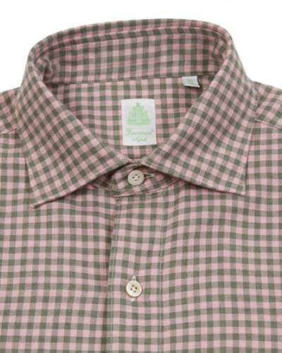 Make a bold statement with the Finamore Tokyo Shirt in Pink/Green Gingham, a vibrant and stylish choice for a touch of contemporary flair in your wardrobe.