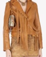 Fringed Leather Jacket in Brown - a timeless and stylish addition to your wardrobe, perfect for an edgy and chic look.