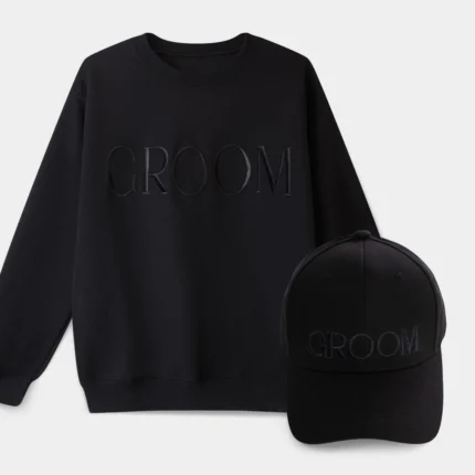 GROOM embroidered sweatshirt and baseball hat set, perfect for the stylish groom-to-be.