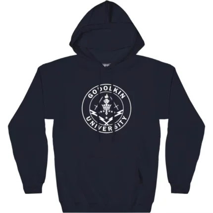 Black hoodie with Gen V Godolkin University Circle Seal embroidered logo on chest.