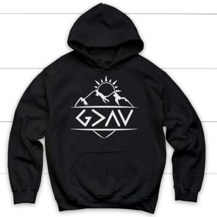 Christian hoodie featuring "God is Greater Than The Highs and The Lows" text on dark fabric.