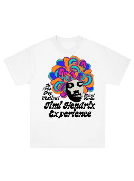 Hendrix 1968 Pop Festival White Tee, a stylish homage to the iconic Jimi Hendrix performance at the 1968 Pop Festival.
