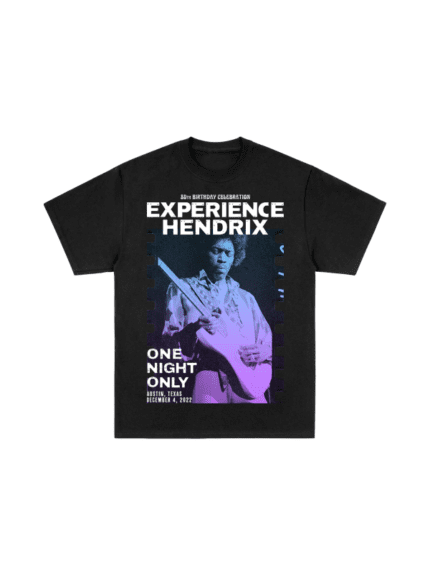Hendrix Experience One Night Only Black T-Shirt, a must-have for fans commemorating a legendary Jimi Hendrix performance.