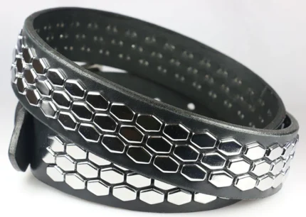 Hexagon Studded Leather Belt, a trendy and edgy accessory to elevate your fashion ensemble.