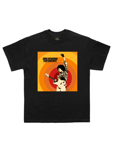 Jimi Hendrix Hollywood Bowl Black Tee, a stylish homage to the legendary musician, capturing the spirit of a historic Hollywood Bowl performance.