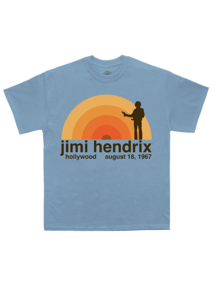 Jimi Hendrix Hollywood Bowl Light Blue Tee, a stylish tribute to the iconic musician, capturing the essence of a historic Hollywood Bowl performance.