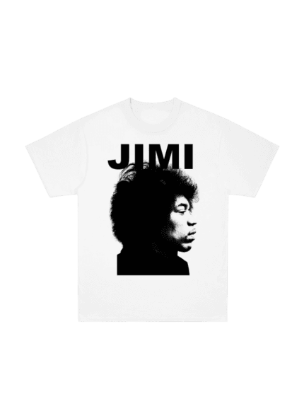 Jimi Hendrix Profile White T-Shirt, a classic design featuring the iconic profile of the legendary musician.