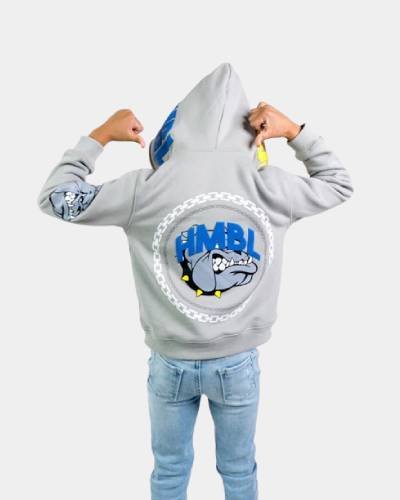 Kids grey bulldog full zip hoodie, a cosy and cute option for young ones' casual outfits.