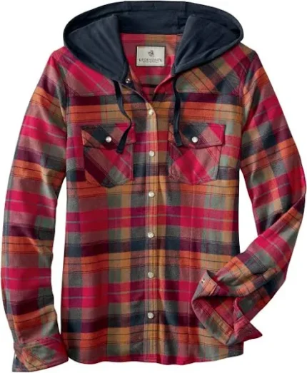 Legendary Whitetails Women’s Lumber Jane Hooded Flannel Shirt, a rustic and cosy choice for outdoors.