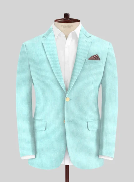 Elevate your style with this light blue corduroy jacket, a perfect blend of comfort and fashion.