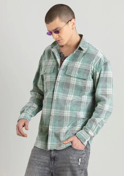 Light Green Regular Fit Corduroy Men's Check Shirt: Infuse a touch of freshness with this light green, regular-fit corduroy check shirt for a stylish and versatile look.