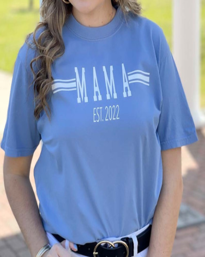 Mama Est." Comfort Colors T-Shirt, a comfortable and stylish shirt for mothers, featuring a classic and timeless design.