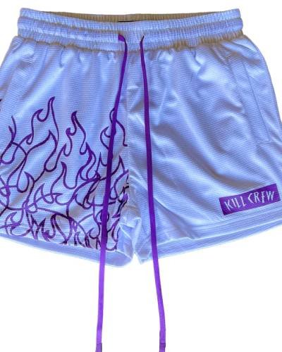 Muay Thai Flame Shorts with mid-thigh cut in stylish white and purple - add flair to your training