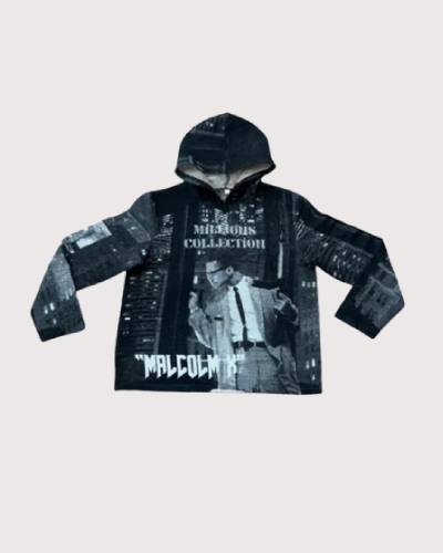 Malcolm X tapestry hoodie featuring iconic imagery, paying homage to a civil rights leader's legacy.