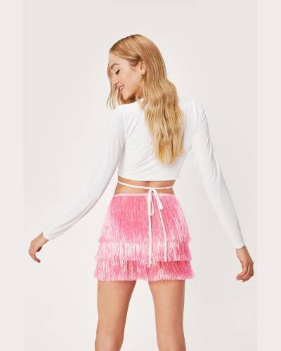 Multicolored High-Waisted Tinsel Fringe Shorts: Add a burst of color and fun to your wardrobe with these high-waisted shorts featuring tinsel fringe for a playful and stylish look."