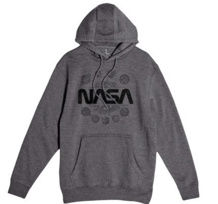 Embrace celestial style with the NASA Worm Logo Tonal Planets Hoodie in Charcoal Heather, a fashionable and comfortable choice for space enthusiasts.