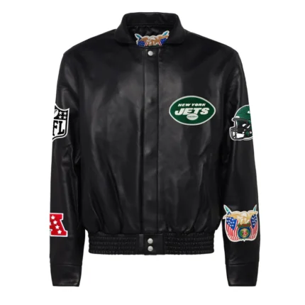 New York Jets Full Leather Jacket in Black - show your team spirit with this stylish and sporty full leather jacket.