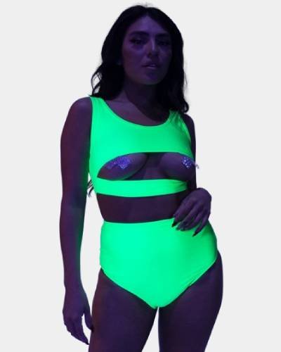Neon Green High Waist Cheeky Bottoms: Elevate your swimwear style with these high-waisted cheeky bottoms in a vibrant neon green hue.